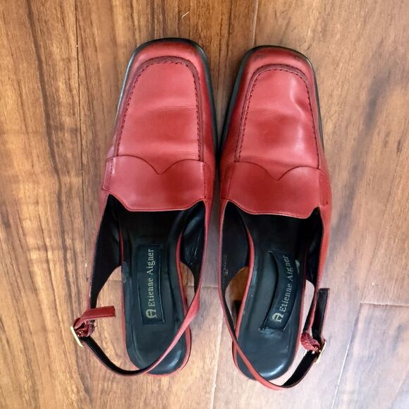 Vtg Etienne Aigner Leather Square Toe Red Loafer Sling Back Heels Sz 6.5 - Picture 10 of 15